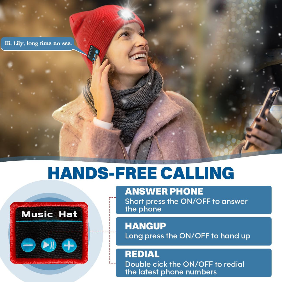 Bluetooth Beanie Hat with Light, Headlamp Cap with Headphones and Built-in Speaker Mic, Gifts for Men Women Teen Black