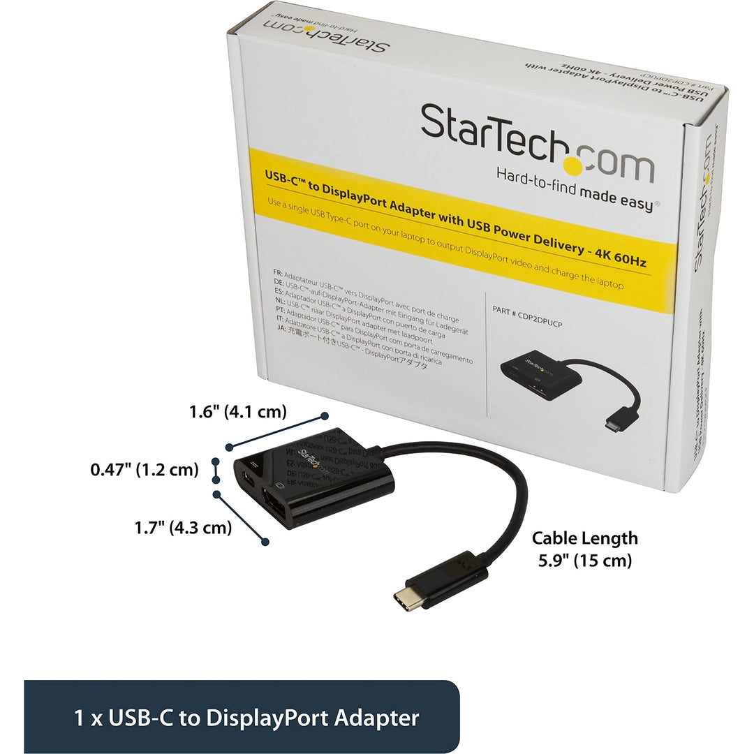 USB C to DisplayPort Adapter with Power Delivery - 4K 60Hz HBR2 - USB Type-C to DP 1.2 Monitor Video Converter w/ Charging - 60W PD Pass-Through - Thunderbolt 3 Compatible (CDP2DPUCP)