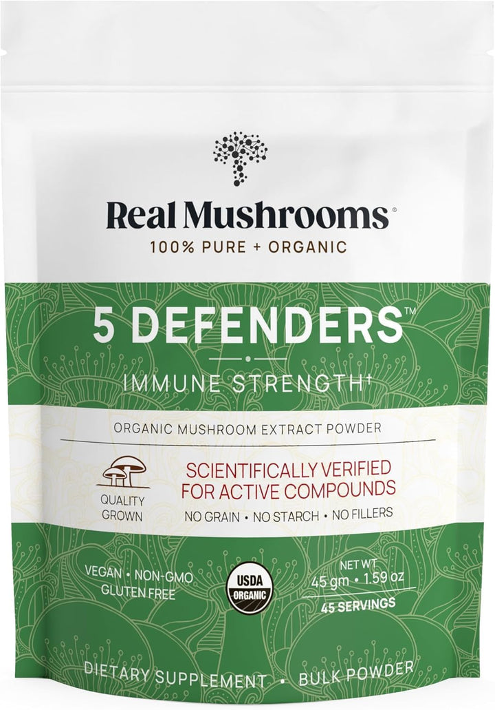 5 Defenders Powder - Organic Mushroom Extract w/Chaga, Shiitake, Maitake, Turkey Tail, Reishi Supplement Vegan, Non-GMO, 45 Servings