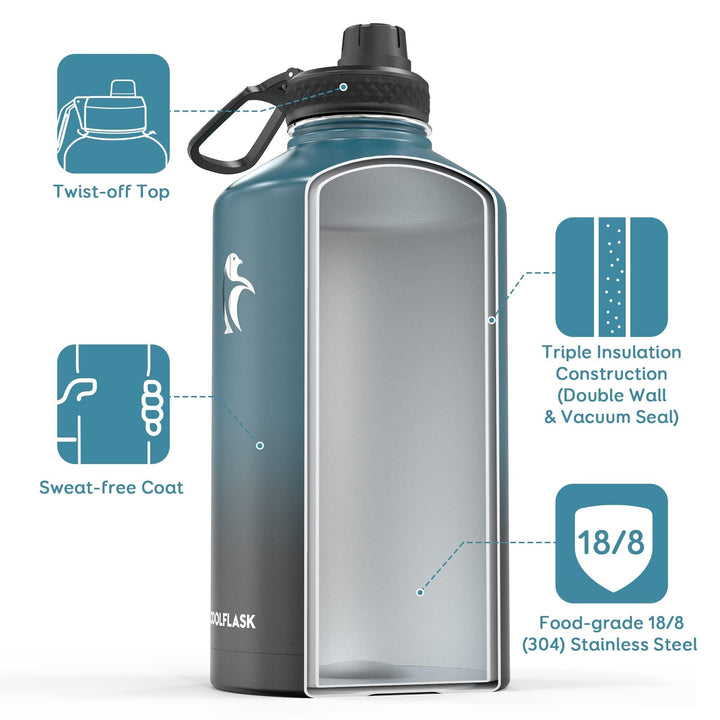 Coolflask 128 oz Gallon Water Bottle Insulated with Str