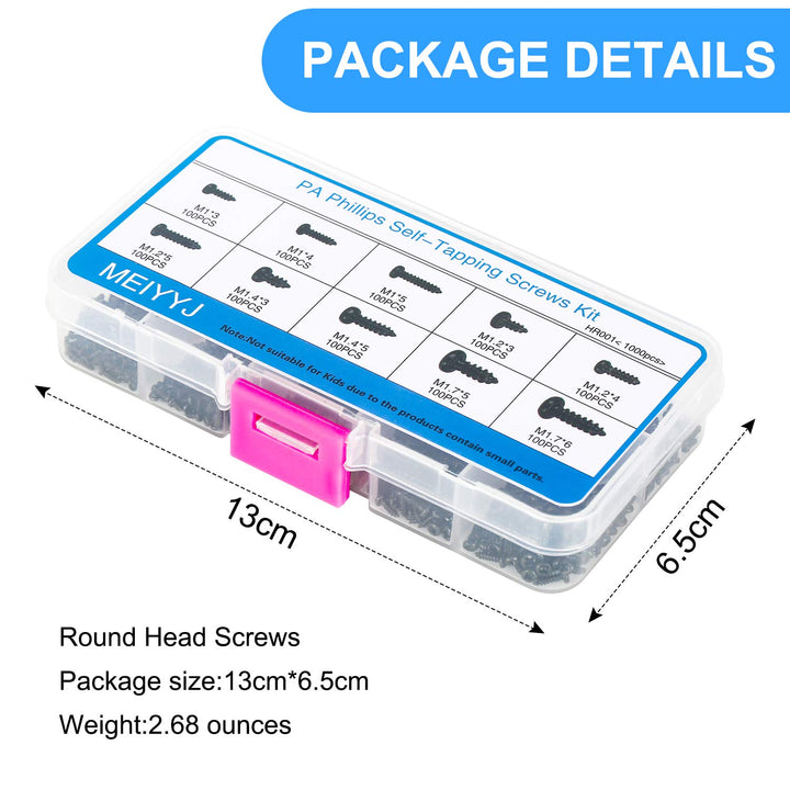 10 Kinds Small Multi-Purpose M1 M1.2 M1.4 M1.7 Phillips Head Micro Screws Self-Tapping Electronic Screws Assortment Kit Pack of 1000