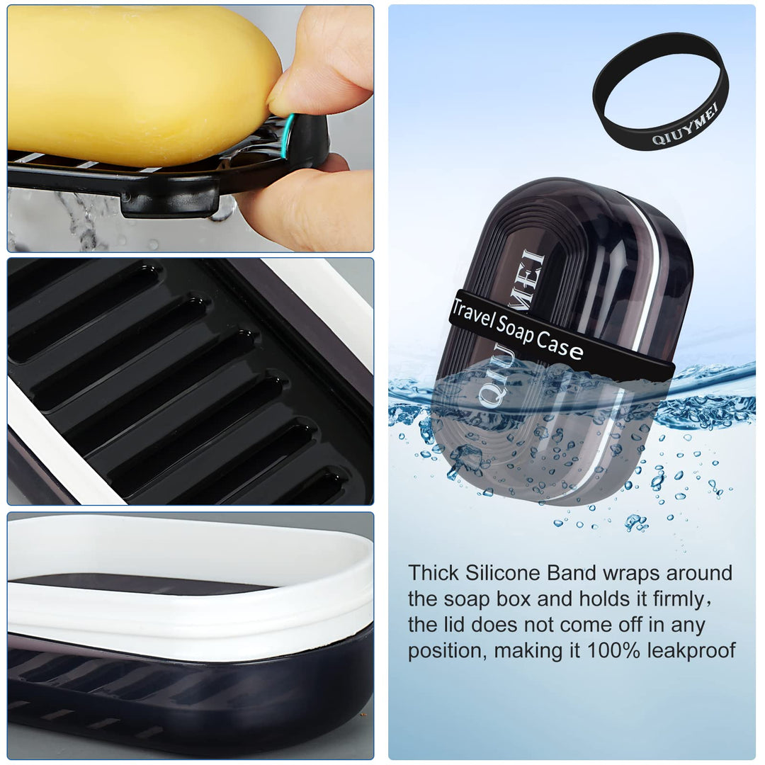 Travel Soap Box,soap Bar Holder Dish Container Case with Soap Bag &amp; Silicone Band,Strong Sealing Leak Proof Portable,Best for Bathroom/Camping/Gym/Business Trip (Black)