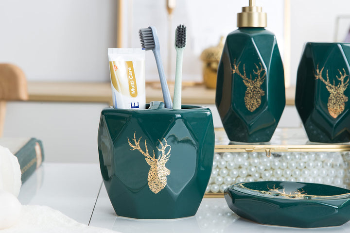 5 Pieces Ceramic Bathroom Accessories Set, Bathroom Vanity Countertop Accessory Set, Include Soap Dispenser, Toothbrush Holder, 2 Tumbler, Soap Dish, Color: Hunter Dark Green…