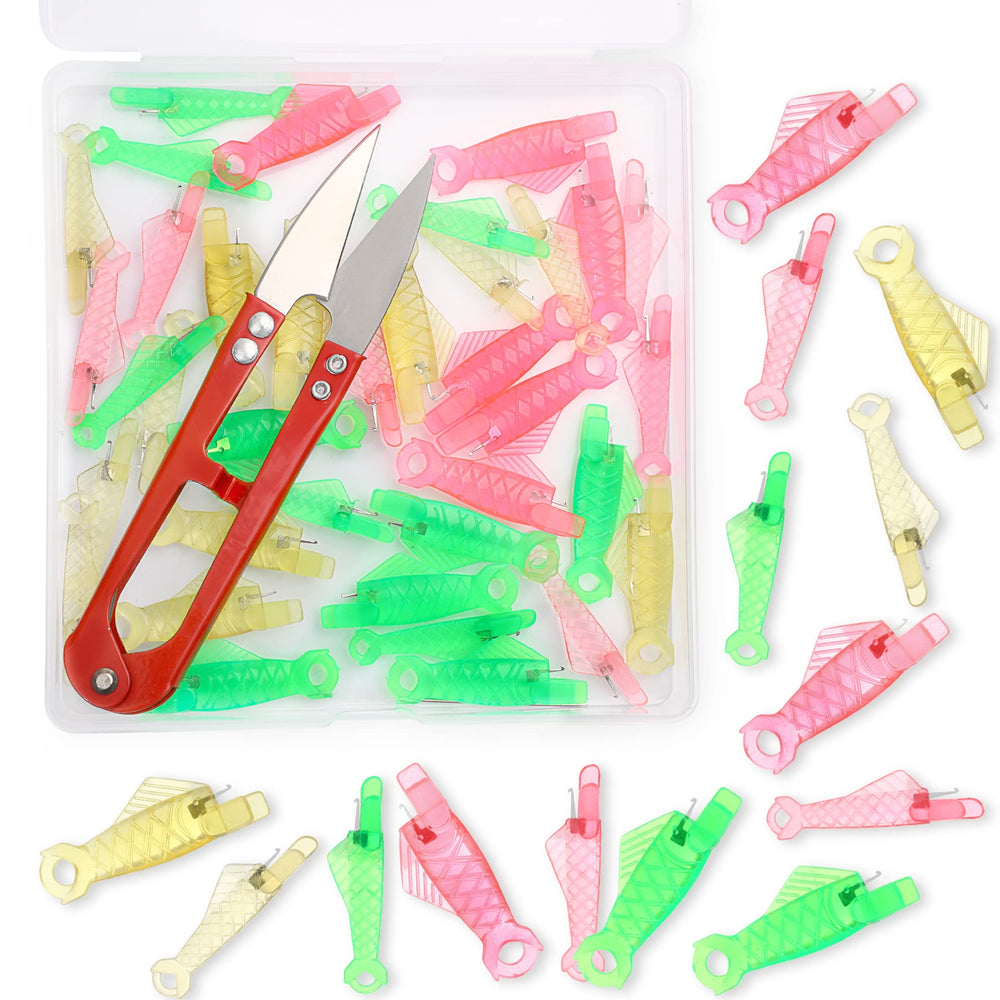 36Pcs Sewing Machine Inserter Needle Threaders Fish Type Automatic Sewing Needle Threaders Hand Machine Sewing Tool with Clear Box for Small Eyes Needle