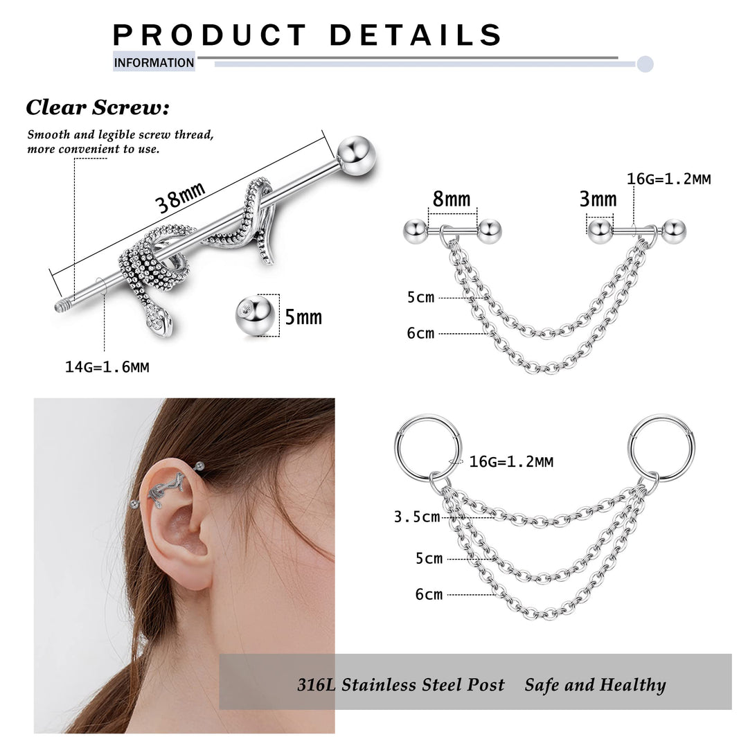 Industrial Piercing Jewelry 14G 16G Stainless Steel Industrial Earrings with Chain Dangle Industrial Piercing Bar Double Cartilage Helix Piercing Earrings Industrial Barbell for Women Men