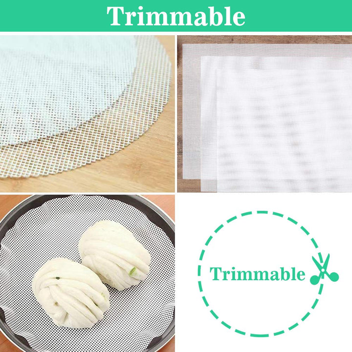 - 6Pcs 10 inch Non stick Reusable Silicone Steamer Liners Mesh Round Mat Pad Steamed Buns Dumplings Baking Pastry Dim Sum Mesh 25cm trimmable