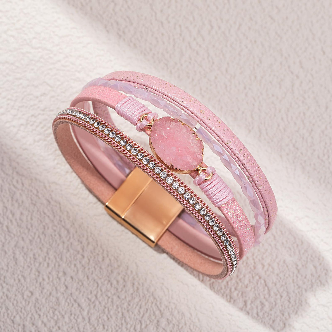 Boho Leather Wrap Bracelets Bohemian Crystal Bracelets Trendy Layered Bracelet with Magnetic Clasp Stackable Jewelry for Women (7.7, Pink)