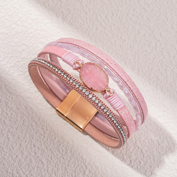 Boho Leather Wrap Bracelets Bohemian Crystal Bracelets Trendy Layered Bracelet with Magnetic Clasp Stackable Jewelry for Women (7.7, Pink)