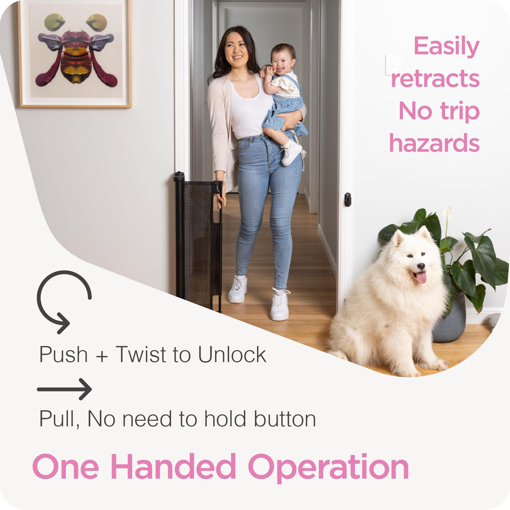 Retractable Baby Gate 41 Tall x 71” Wide, Mesh, For Stairs, Doorways, Dogs, Pets, Indoor, Outdoor, One-Handed Operation, Locking, Easy Install, Hardware Mount, Gray