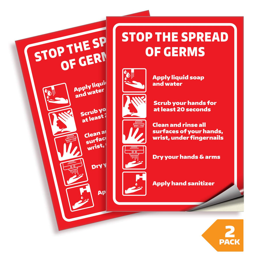 Wash your Hands Stop the Spread Signs Stickers - 2 Pack 7x10 Inch - Premium Self-Adhesive Vinyl, Labels Laminated UV, Weather, Scratch, Water and Fade Resistance, Indoor & Outdoor