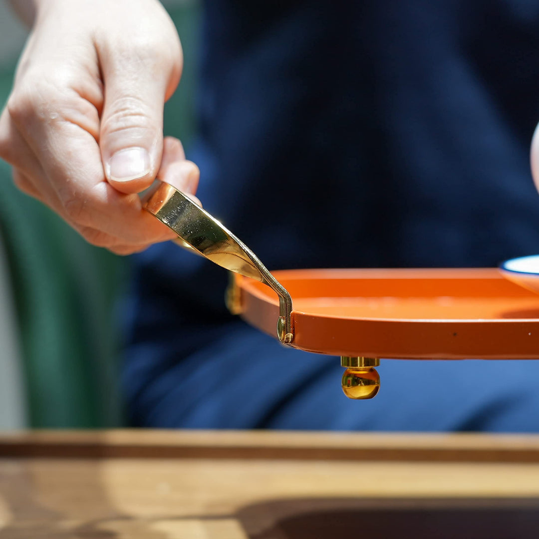 Decorative Serving Tray - Metal Serving Tray with Handles, Decorative Trays for Coffee Table, Home Decor, Vanity, Jewerly, Perfume and Make up - Bar Liquor Display with Gold Accents-Orange