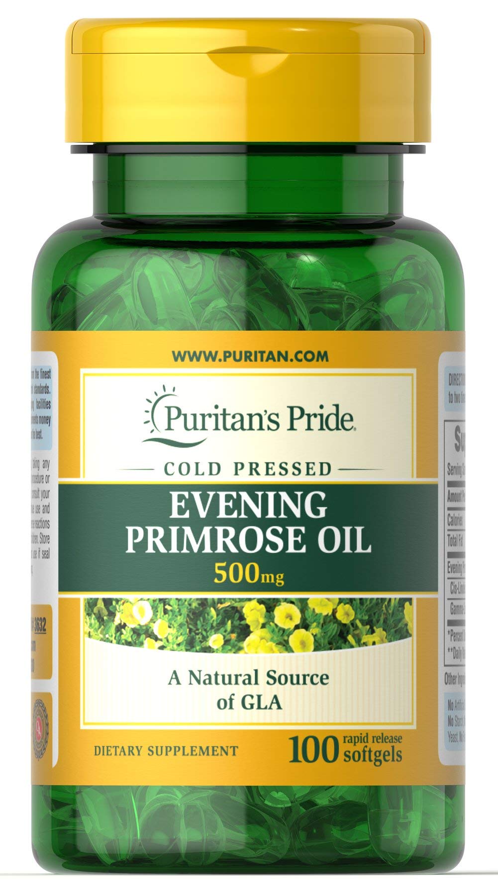 Puritan's Pride Cold Pressed Evening Primrose Oil 500 mg with GLA, Dietary Support Supplement for Womens Skin Health, 100 Rapid Release Soft Gels