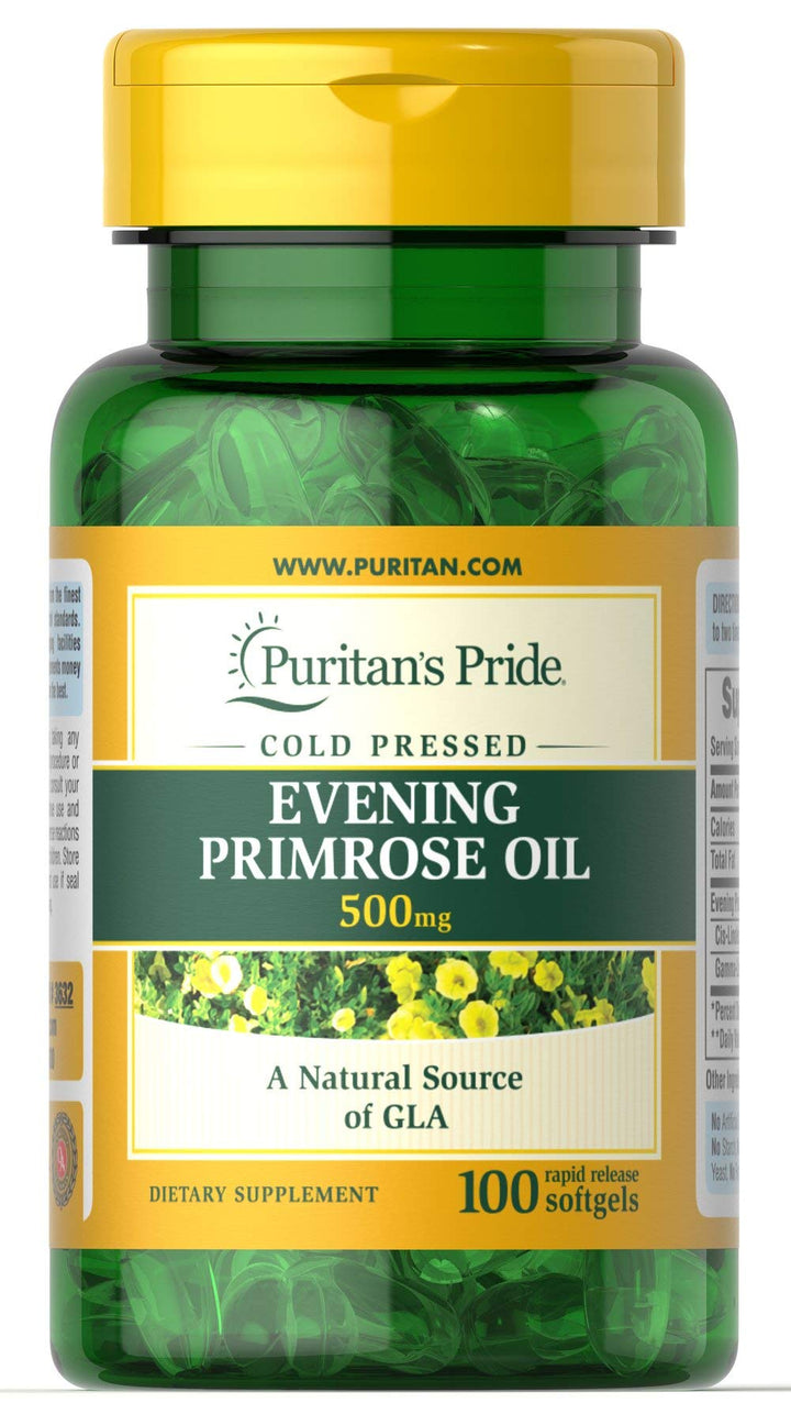Puritan's Pride Cold Pressed Evening Primrose Oil 500 mg with GLA, Dietary Support Supplement for Womens Skin Health, 100 Rapid Release Soft Gels