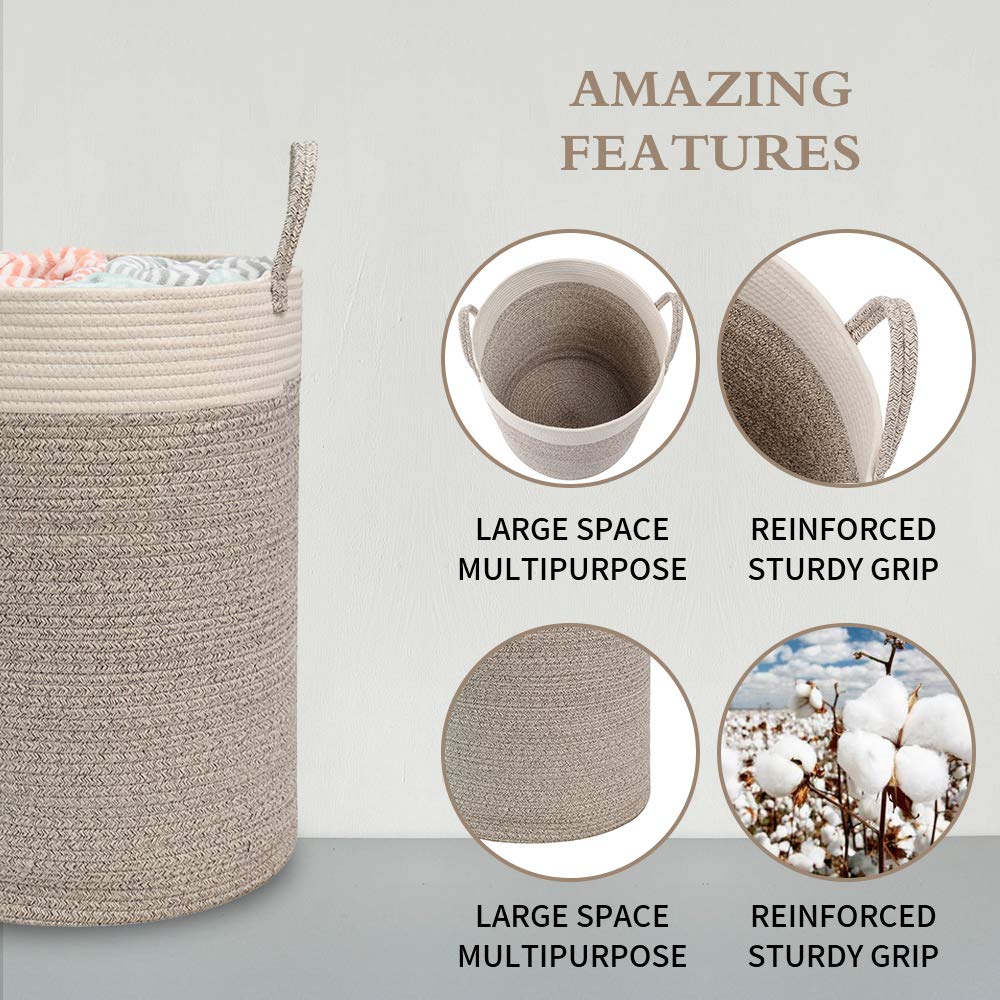 Large Tall Cotton Rope Basket, 15.7x15.7x21.7in Laundry Basket with Handle, Nursery Organizers and Storage for Blanket Towel Clothes Organizing (White&amp;Brown)