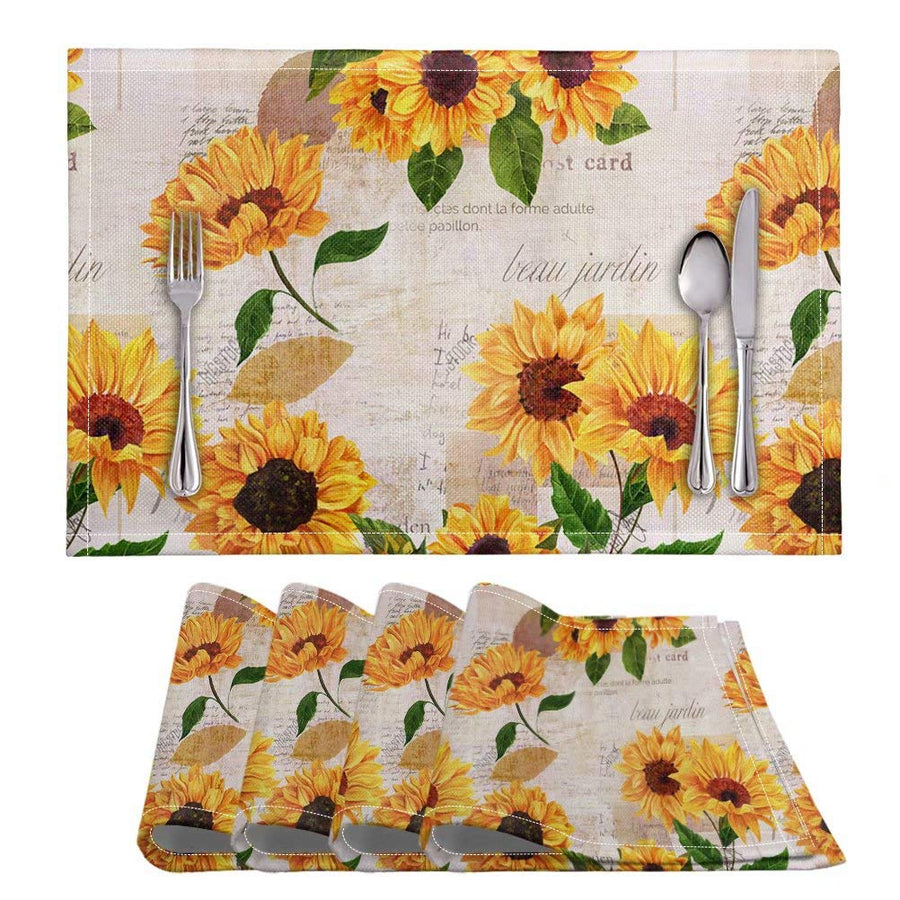 PVC Placemats for Dinning Table Mats Heat Resistant Kitchen Tablemats for Indoor Ourdoor 4 Piece Non Slip Plate Mats Farmhouse Vintage Sunflowers Beige