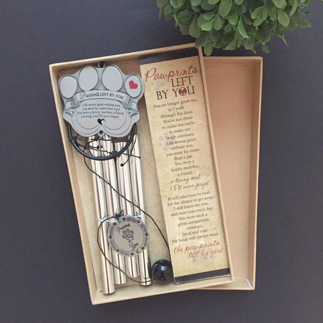 Pet Memorial Wind Chime - 18 Metal Casted Pawprint Wind Chime - A Beautiful Remembrance Gift for a Grieving Pet Owner - Includes Pawprints Left by You Poem Card