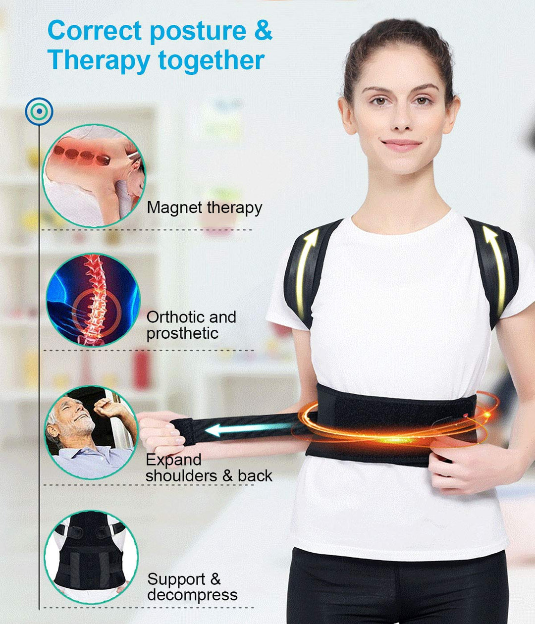 Moteen Magnetic Therapy Posture Support Back Brace - Medical Grade Adjustable Magnetic Posture Humpback Corrector Brace Shoulder Back Waist Support Belt Lumbar, One Size