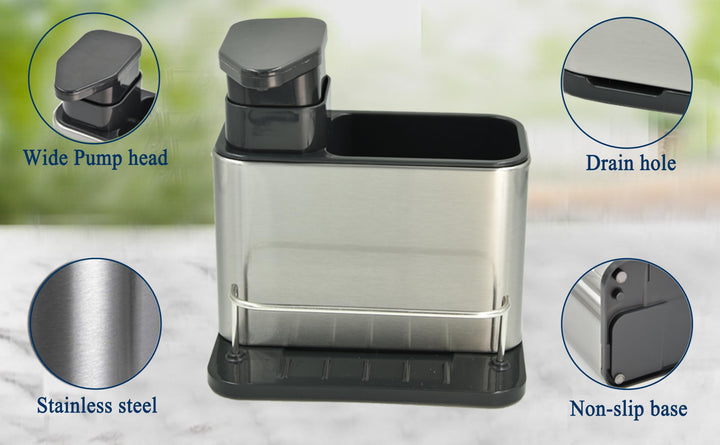 Soap Dispenser with Sponge Holder and Brush Holder, Kitchen Dish Soap Pump Sink Caddy for Countertop, Stainless Steel