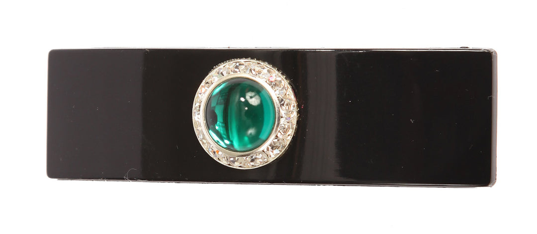 Hand Decorated Fench Black with Large Emerald and Swarovski Crystal Stones, .65 Ounce