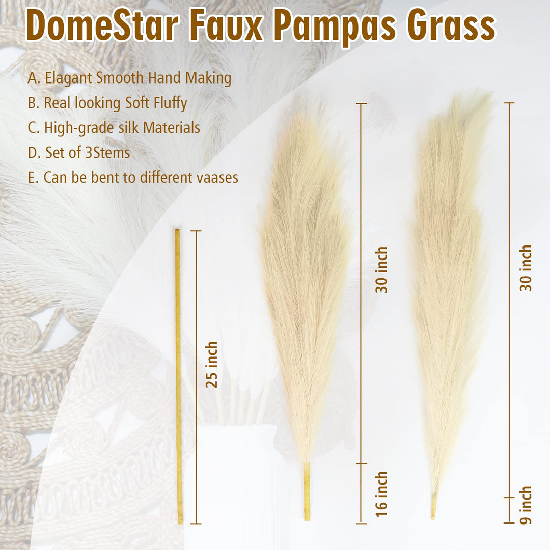 3 Pcs Faux Pampas Grass, 43 Tall Fluffy Non-Shedding Artificial Fake Flowers, Boho Vase Filler, Living Room Kitchen &amp; Wedding Fluffy Grass Decor (Beige)