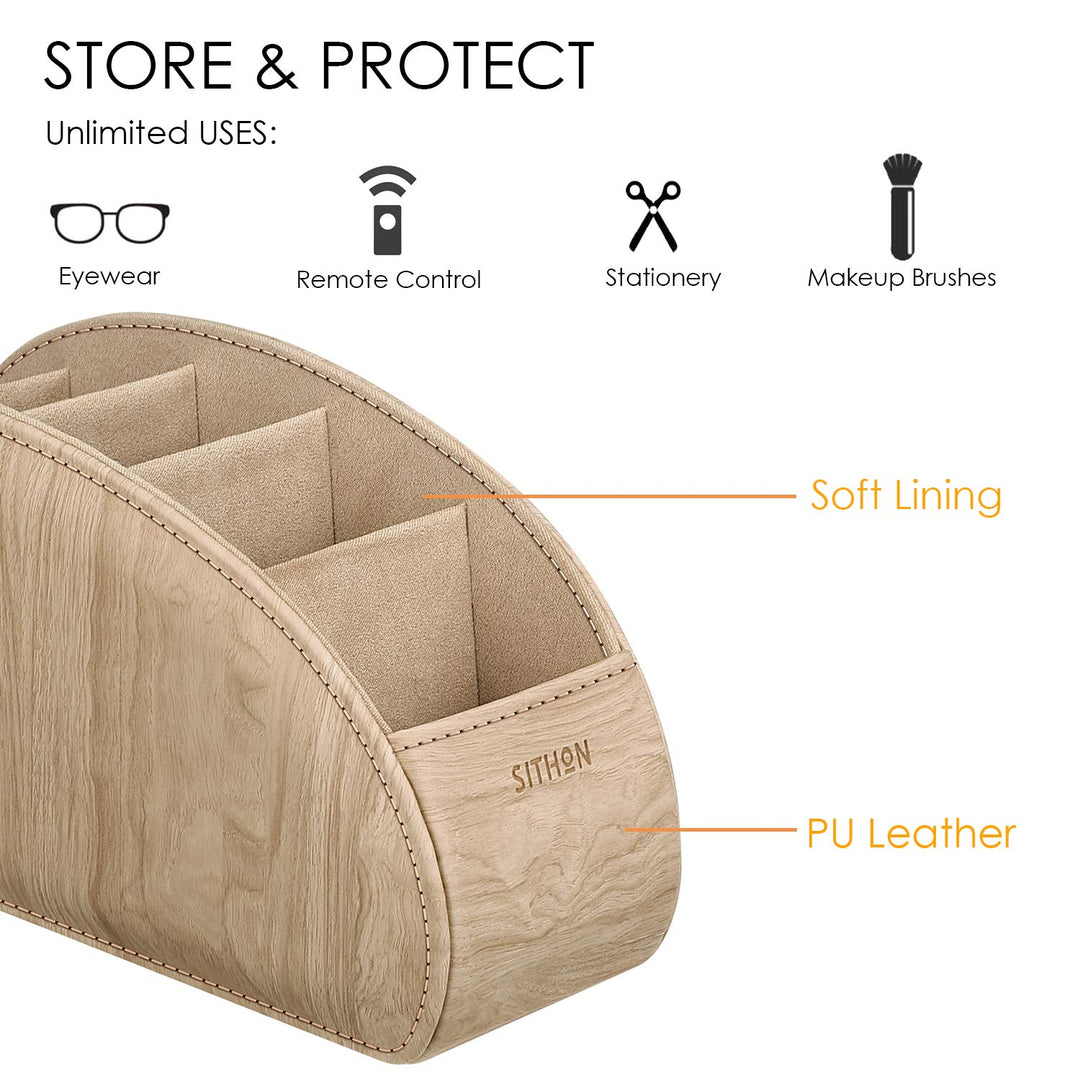 Remote Control Holder with 5 Compartments - PU Leather Remote Caddy Desktop Organizer Store TV, DVD, Blu-Ray, Media Player, Heater Controllers, Woodgrain Khaki