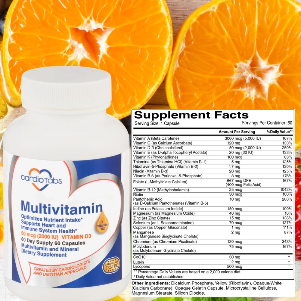 Cardiotabs Multivitamin - Heart and Immunity Supplements for Men & Women, Multivitamin for Men & Women, with Minerals B-Vitamin Complex, Vitamins A, C, E, K and 2000 IU Vitamin D3, 60-Count Bottle