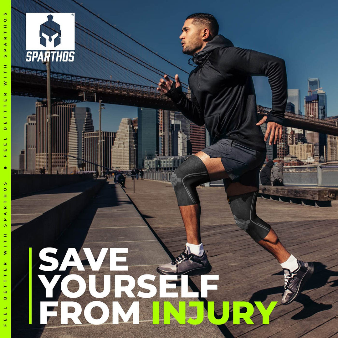 Sparthos Knee Compression Sleeves by (Pair) – Support for Sports, Running, Joint Pain Relief – Knee Brace for Men and Women Walking Cycling Football Tennis Basketball Hiking Workout Jogging (Black-L)