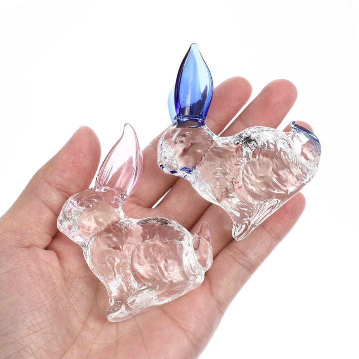 2Pcs Easter Bunny Figurines, Crystal Rabbit Statue Blown Glass Animal Collectibles for Easter Decor, Home Office Desktop Art Ornament
