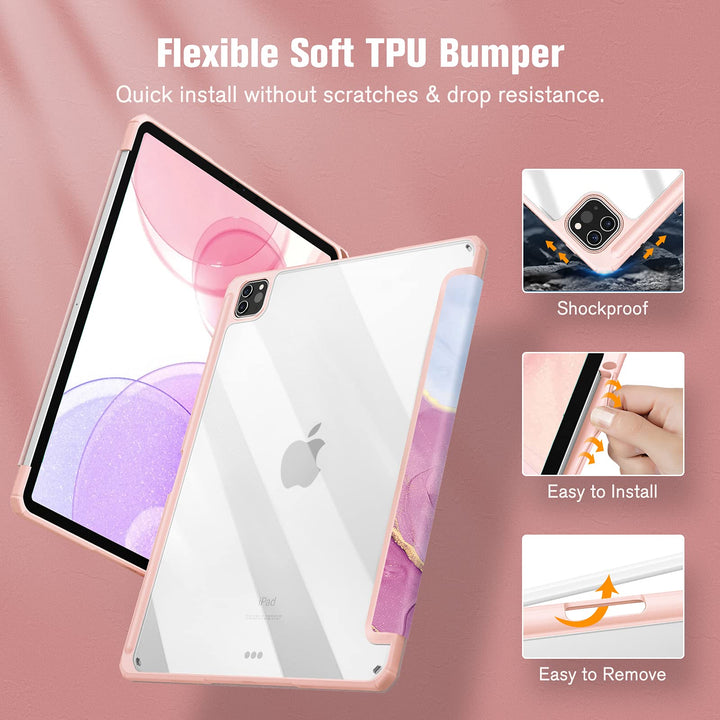 Hybrid Slim Case for iPad Pro 12.9-inch 6th Generation 2022, [Built-in Pencil Holder] Shockproof Cover w/Clear Transparent Back Shell, Also Fit iPad Pro 12.9 5th/4th/3rd Gen, Dreamy Marble