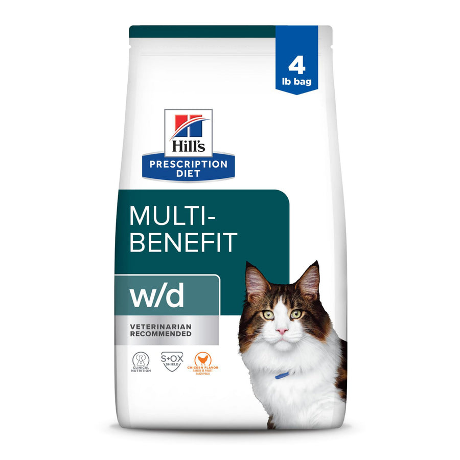 Hill's Prescription Diet w/d Multi-Benefit Digestive/Weight/Glucose/Urinary Management Chicken Flavor Dry Cat Food, Veterinary Diet, 4 lb. Bag