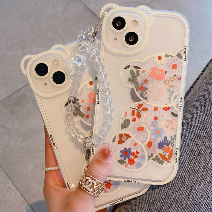 Compatible with iPhone 13 Pro Max Case, Cute Flowers Bear Camera Protector Clear Case with Lovely Strap Bracelet Chain Girls Women Case for iPhone 13 Pro Max