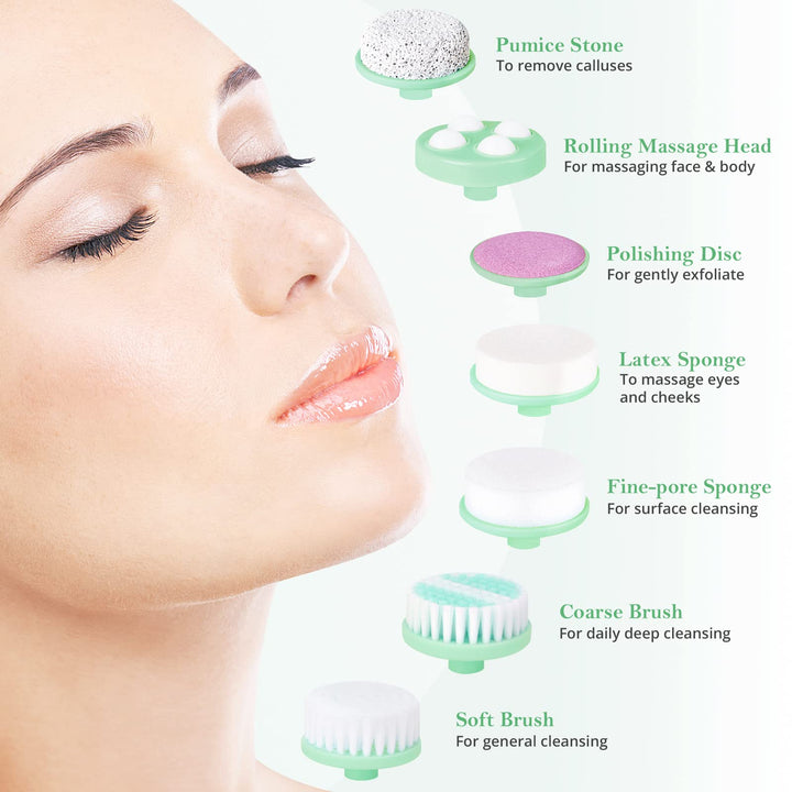 Electric Facial Cleansing Brush 7 in 1 - Face Skin Spin Brush for Deep Cleansing, Gentle Exfoliating, Blackhead Removing and Massaging, Battery Operated Facial Cleanser Brush