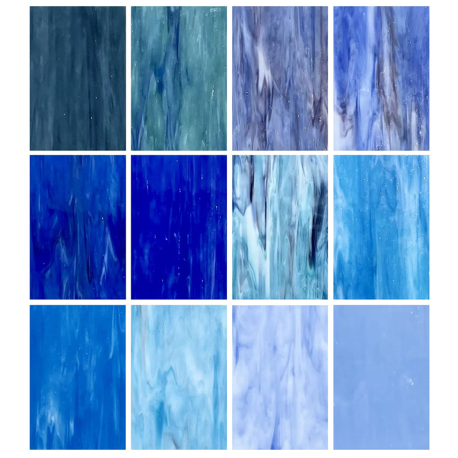 12 Sheets Stained Glass Sheets Pack, 6 X 4 Cathedral Glass, Art Glass, Mosaic Glass Tiles for Crafts, (Mixed Blue)
