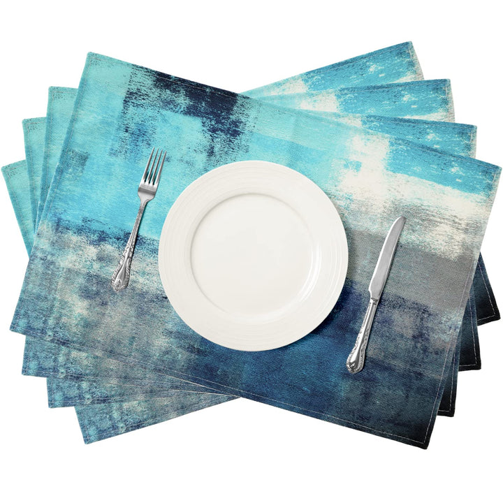 Modern Art Table Runner with 4 Placemats, Turquoise and Grey Abstract Waterproof Linen Table Runners Placemats Set for Dining Table Heat Resistant Set
