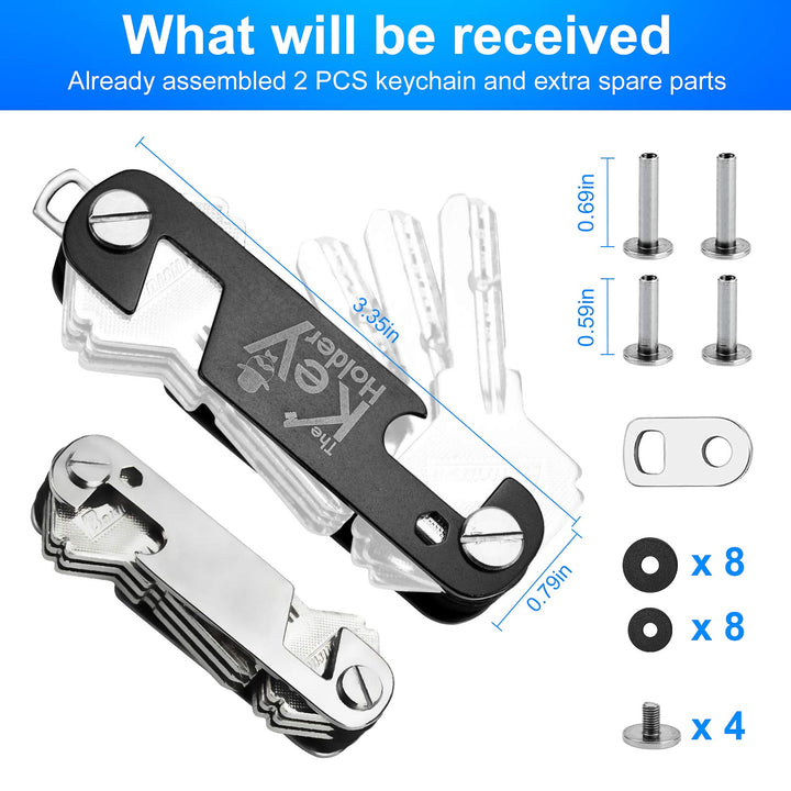2PCS Key Organizer Keychain, Compact Key Holder Keyring, Smart &amp; Light-weight Multi-tool Folding Key Chain with Bottle Opener/Phone Stand (Up to 6~10 Keys, Black &amp; Silver)