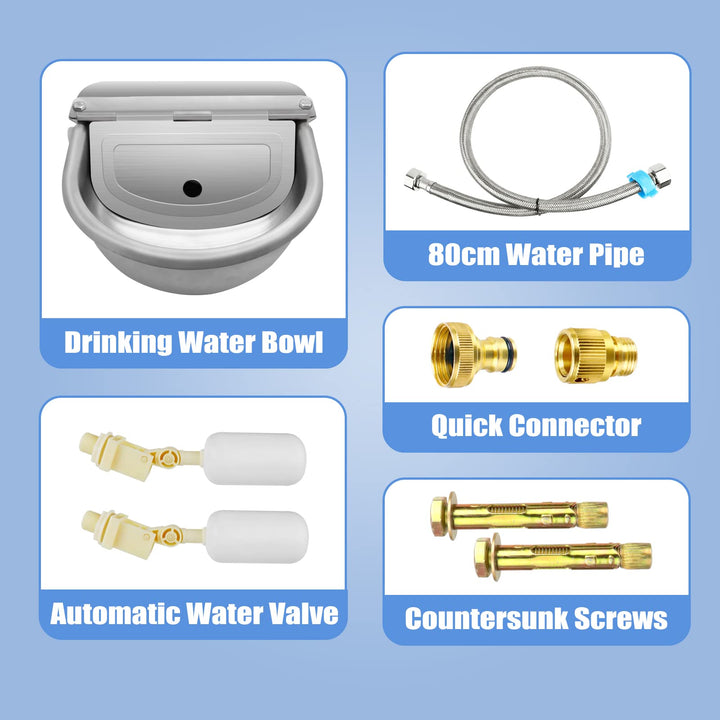 Automatic Animal Drinking Water Bowl with Float Valve, 304 Stainless Steel Kit Includes Bowl, Pipe, 2 Valves, Quick Connector Adapter and Countersunk Bolts. (Auto-Filling)
