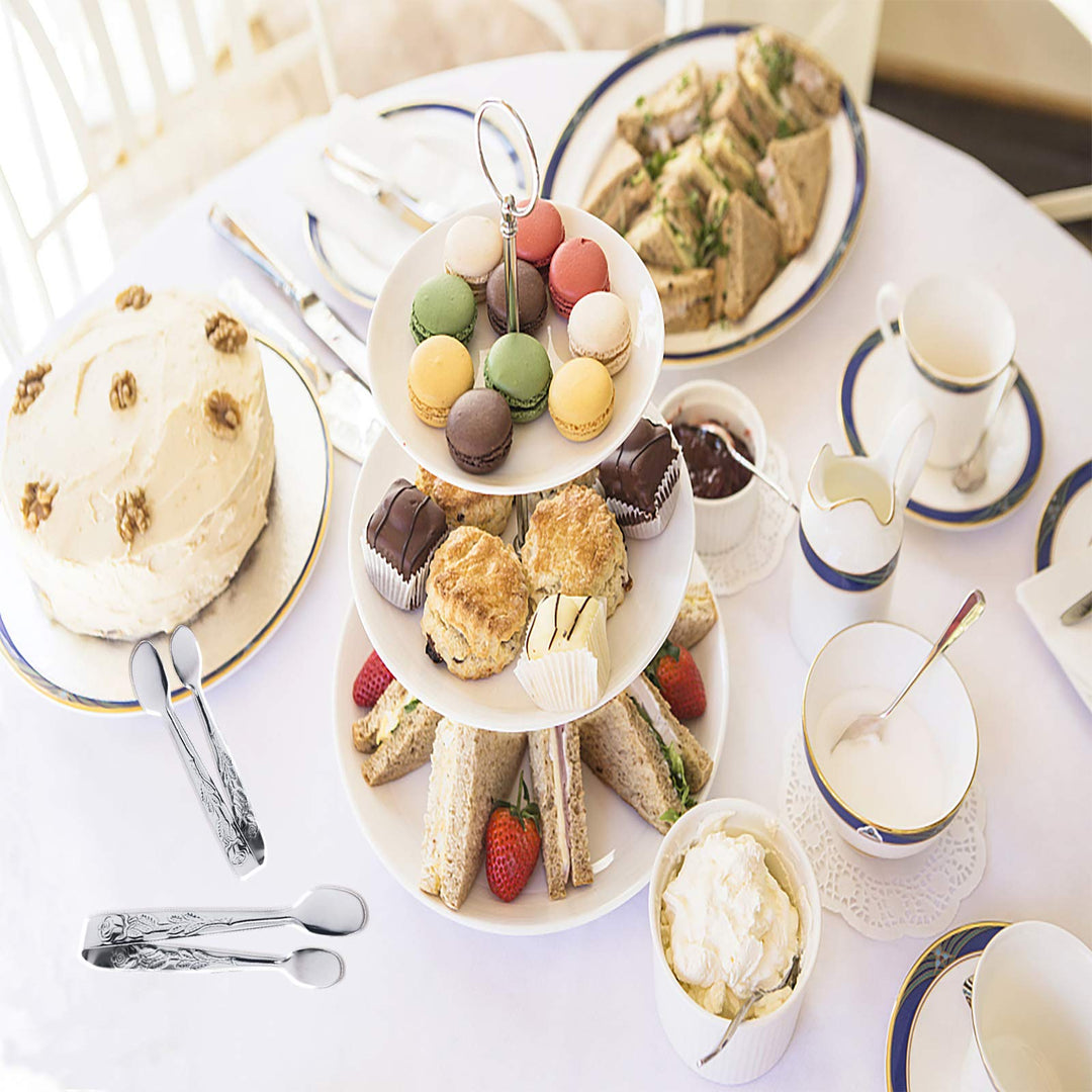 3PCS Mini Serving Tongs, 4Inch Rose Stainless Steel Sugar Cube Tongs, Sliver Small Ice Tongs for Tea and Coffee Party, Appetizers, Desserts (Silver)