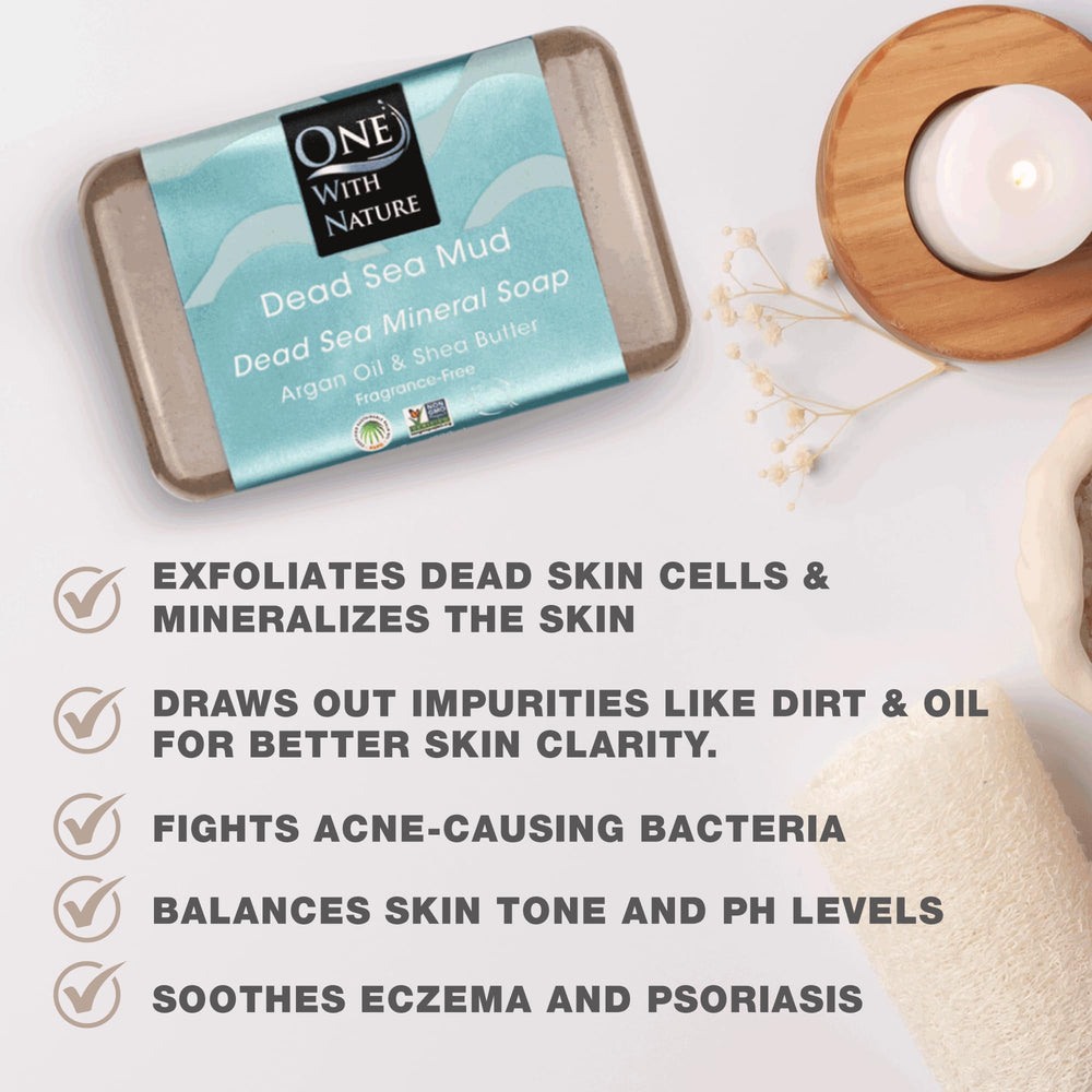Dead Sea Mineral Mud Soap Bar, 7 oz, Fragrance Free, Shea Butter, Argan Oil, Magnesium, Sulfur, 21 Minerals, Soothes Skin, Exfoliates