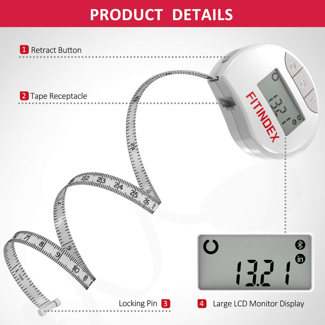FITINDEX Smart Body Tape Measure, Accurate Tape Measurements for Weight Loss, 12 Body Parts Measurements for Waist, Hip, Bust, Arms, Muscle Gain, Sync with APP
