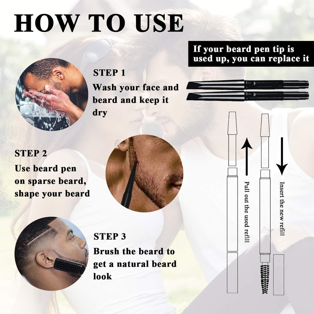 Beard Pencil Filler for Men - Water Resistance, Sweat Proof, Long Lasting &amp; Natural Finish barber Pencil, Mustache Repair Shape, Two more Pencil Replacement Tip (black)