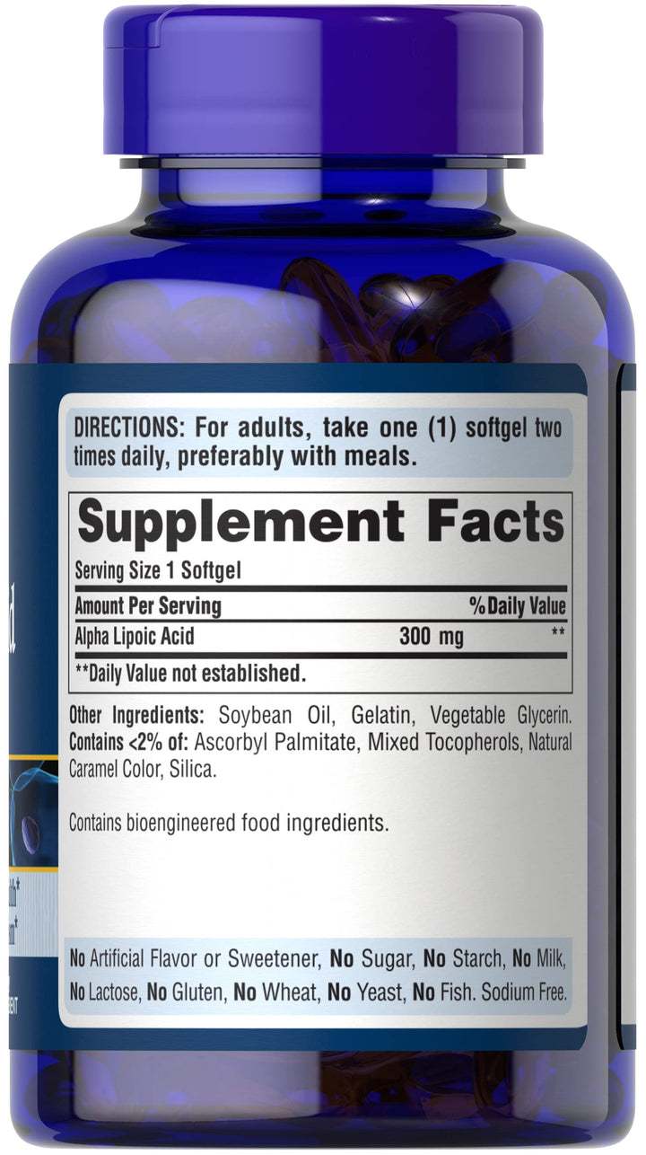 Puritan&#39;s Pride Alpha Lipoic Acid 300mg, Dietary Supplement for Antioxidant Health, Sugar, and Energy Metabolism Support, 4 Month Supply, 120 Rapid Release Softgels