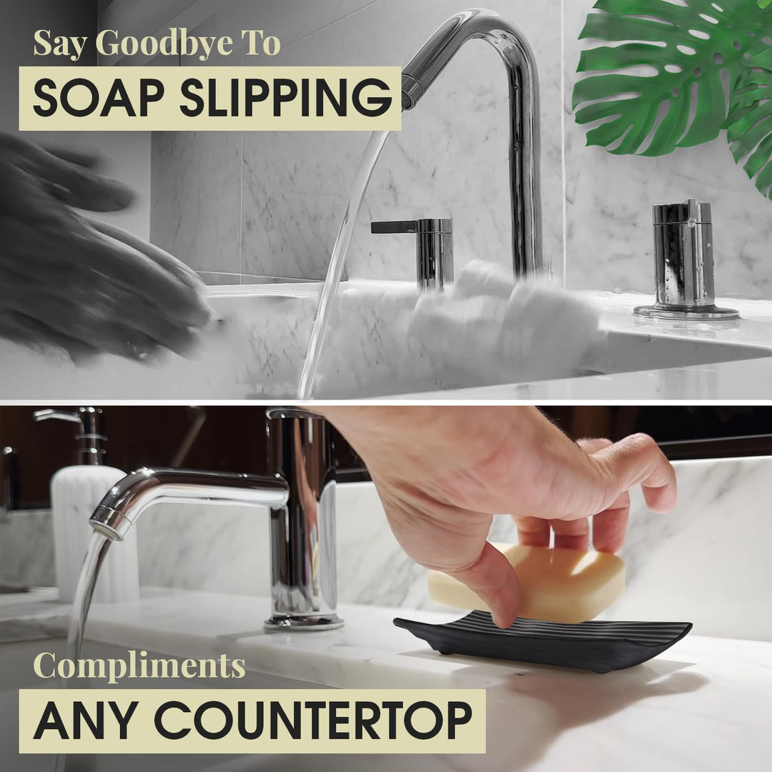 Modern Zen Black Ceramic Soap Dish - 4.9 x 3 Inches Sleek Soap Tray - Durable Bar Soap Holder with Soap Saver Ridges, Soap Tray for Bathroom, Kitchen, or Shower