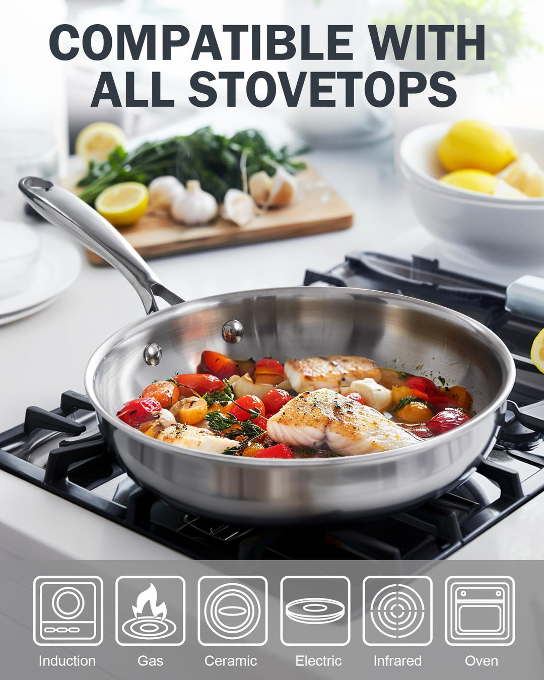 Stainless Steel Frying Pan 12 Inch, Multi-Ply Full Clad Wok Stir-Fry Cooking Skillet Pans with Dome Lid, Stay-Cool Handle, Dishwasher Safe, Oven Safe 500°F, Silver