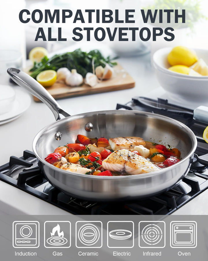 Stainless Steel Frying Pan 12 Inch, Multi-Ply Full Clad Wok Stir-Fry Cooking Skillet Pans with Dome Lid, Stay-Cool Handle, Dishwasher Safe, Oven Safe 500°F, Silver