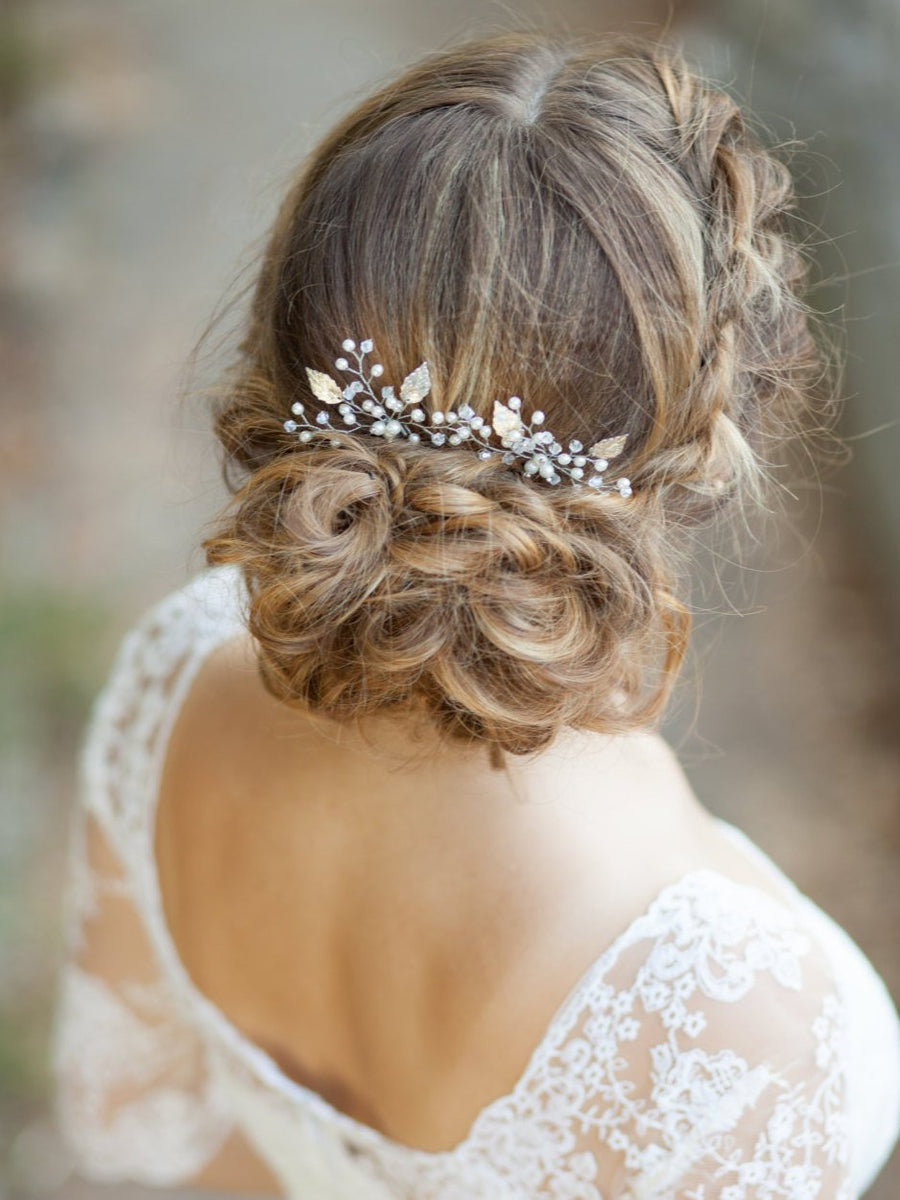 Bride Gold,Silver,Rose gold Leaves Hair Pins Wedding Hair Pins Clips Rhinestone Bridal Hair Piece Hair Accessories for Women Set of 3 (Gold)
