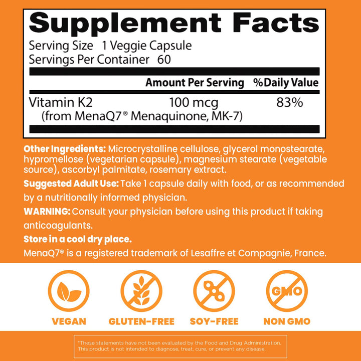 Doctor&#39;s Best Natural Vitamin K2 Mk-7 with MenaQ7, 100mcg Vitamin K2 Supplement Supports Bone Health, Non-GMO, 60 Veggie Capsules