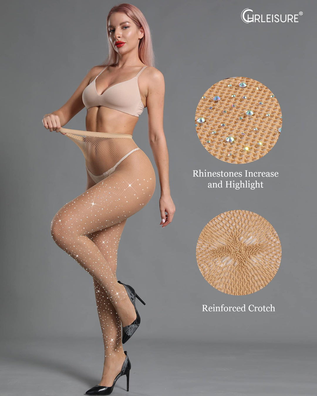 Women&#39;s Sparkle Rhinestone Fishnets, Sexy Sparkly Glitter Party Concert Outfit Fishnet Stockings (Skin)