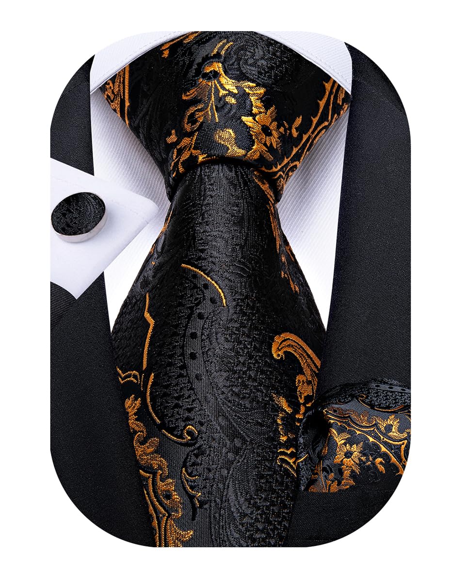 Mens Tie Set Silk Solid Paisley Necktie and Pocket Square Cufflinks Classic Formal Ties for Men Wedding Party, Black Gold