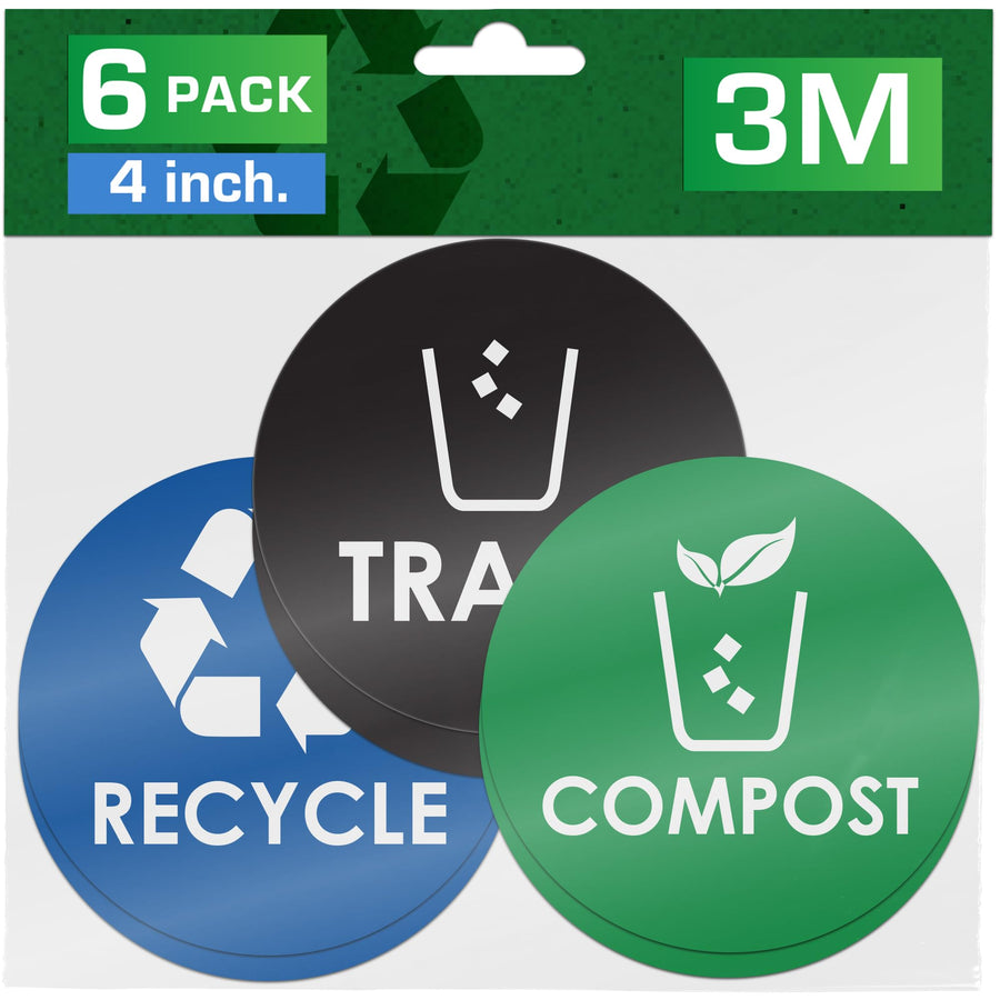 Trash Recycle Compost Stickers - [6-Pack, 4 Inch Round 