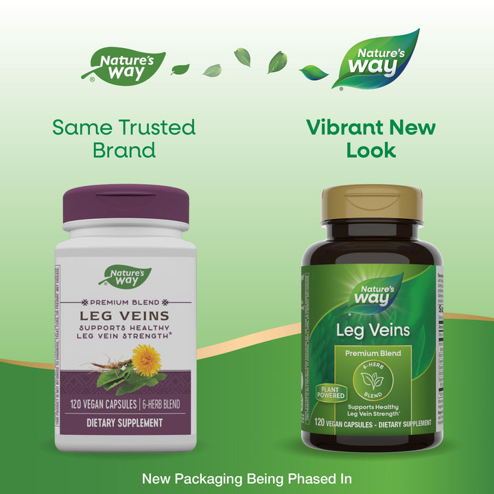 Nature&#39;s Way Leg Veins, Supports Healthy Leg Vein Strength*, 6-Herb Blend, With Horse Chestnut Extract, Dandelion, Gluten Free, 120 Vegan Capsules (Packaging May Vary)